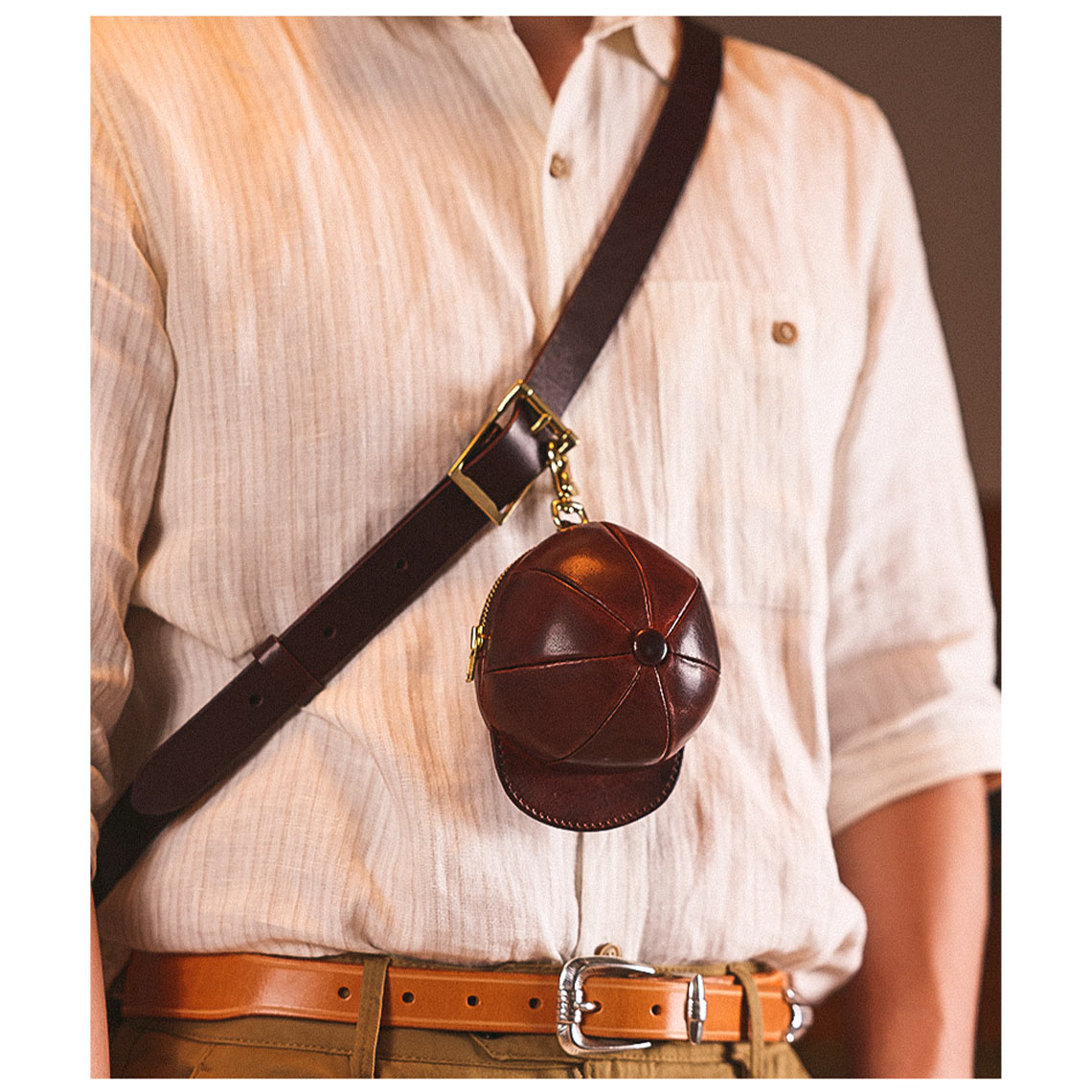 Vegetable Tanned Leather Baseball Cap Purse for AirPods – Brown, Coffee, Black, Amy Green detail image 10