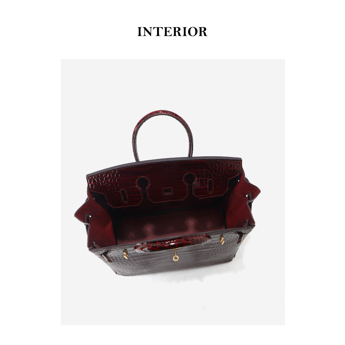 Crocodile Embossed Leather Handbag – Black and Rouge detail image 6