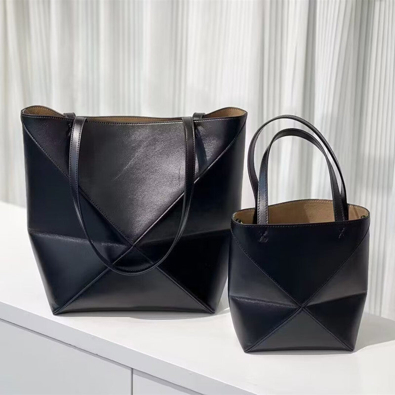 Top Grain Leather Puzzle Fold Tote Bag - Black, Brown, Army Green detail image 9