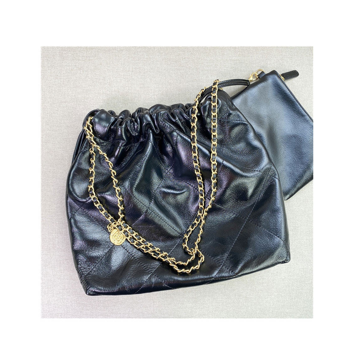 Top Grain Leather Slouchy Chain Bag – Black, White, Pink detail image 2