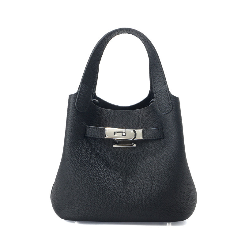 Small Pebbled Leather Handbag with Silver Hardware and Adjustable Strap detail image 5