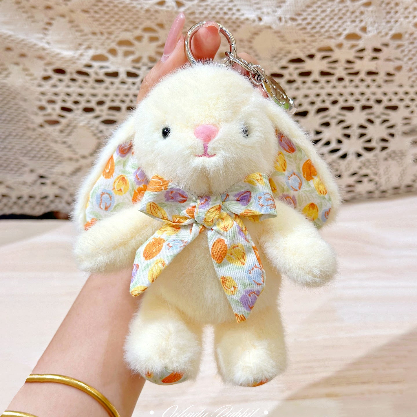 Bow Tie Baby Bunny Bag Charm – Soft Plush Keychain in Six Colors detail image 4