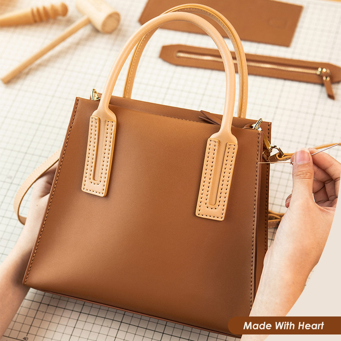 Hand-Sewn Leather Top Handle Bag DIY Kit – Brown, Black, Red, Blue detail image 1
