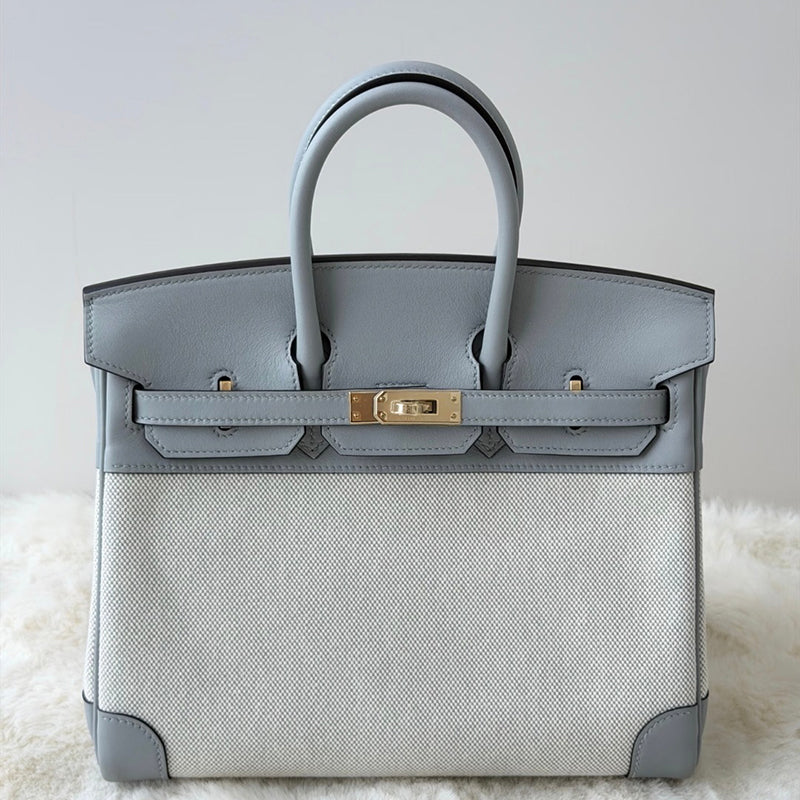 Top Handle Bag in Pebbled Grain Leather & Canvas with Gold-Tone Twist Lock detail image 11