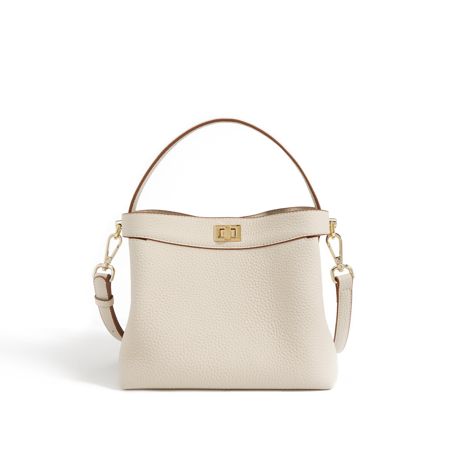Pebbled Grain Leather Small Bucket Bag with Top Handle and Adjustable Strap detail image 4