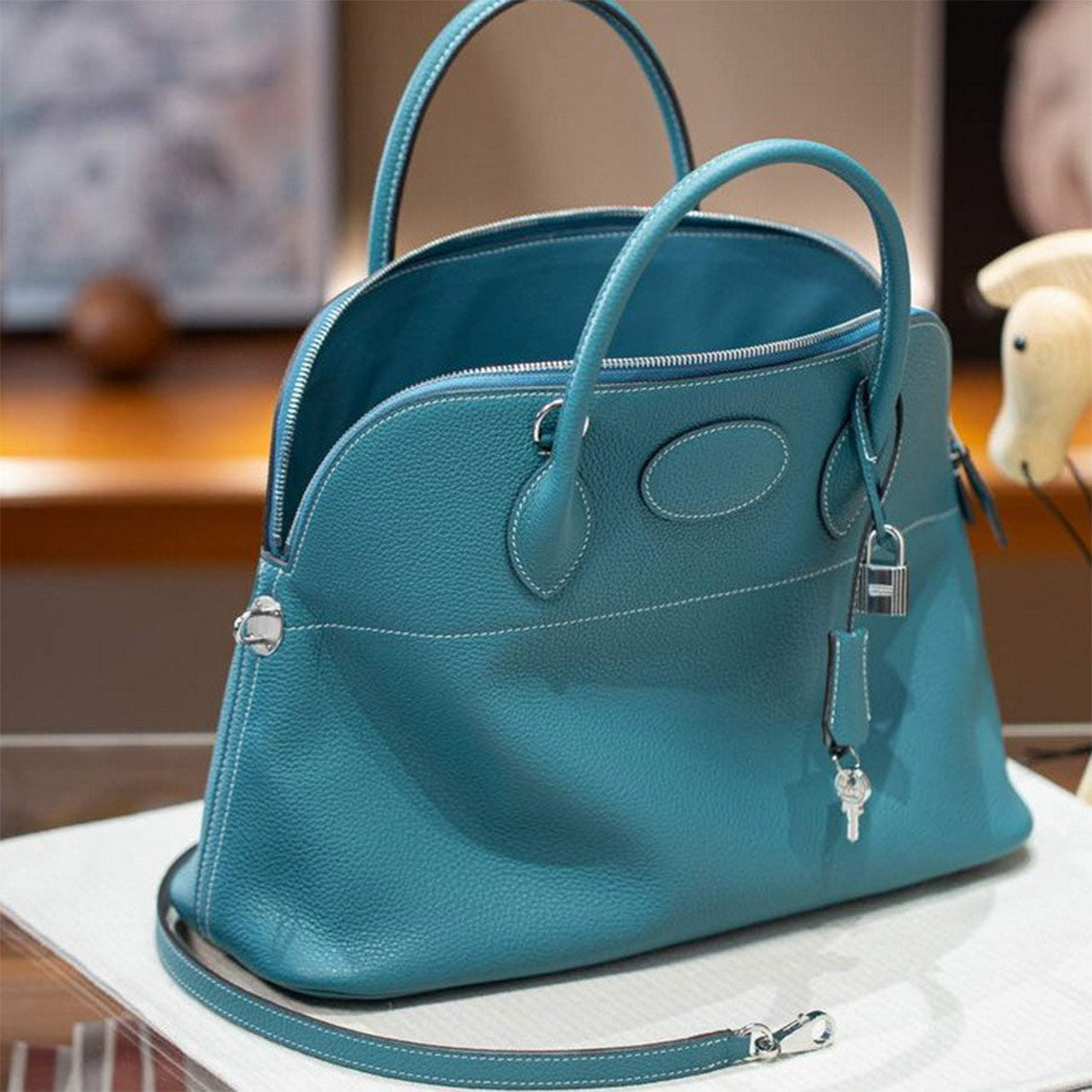 Top Grain Leather Boli Handbag in Blue, Black, Taupe, Gold Brown detail image 18