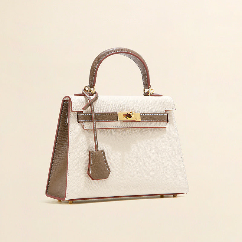 Bi-Color Cowhide Top Handle Bag with Gold-Tone Lock – Coffee / Mlik Tea, 22cm & 25cm detail image 5