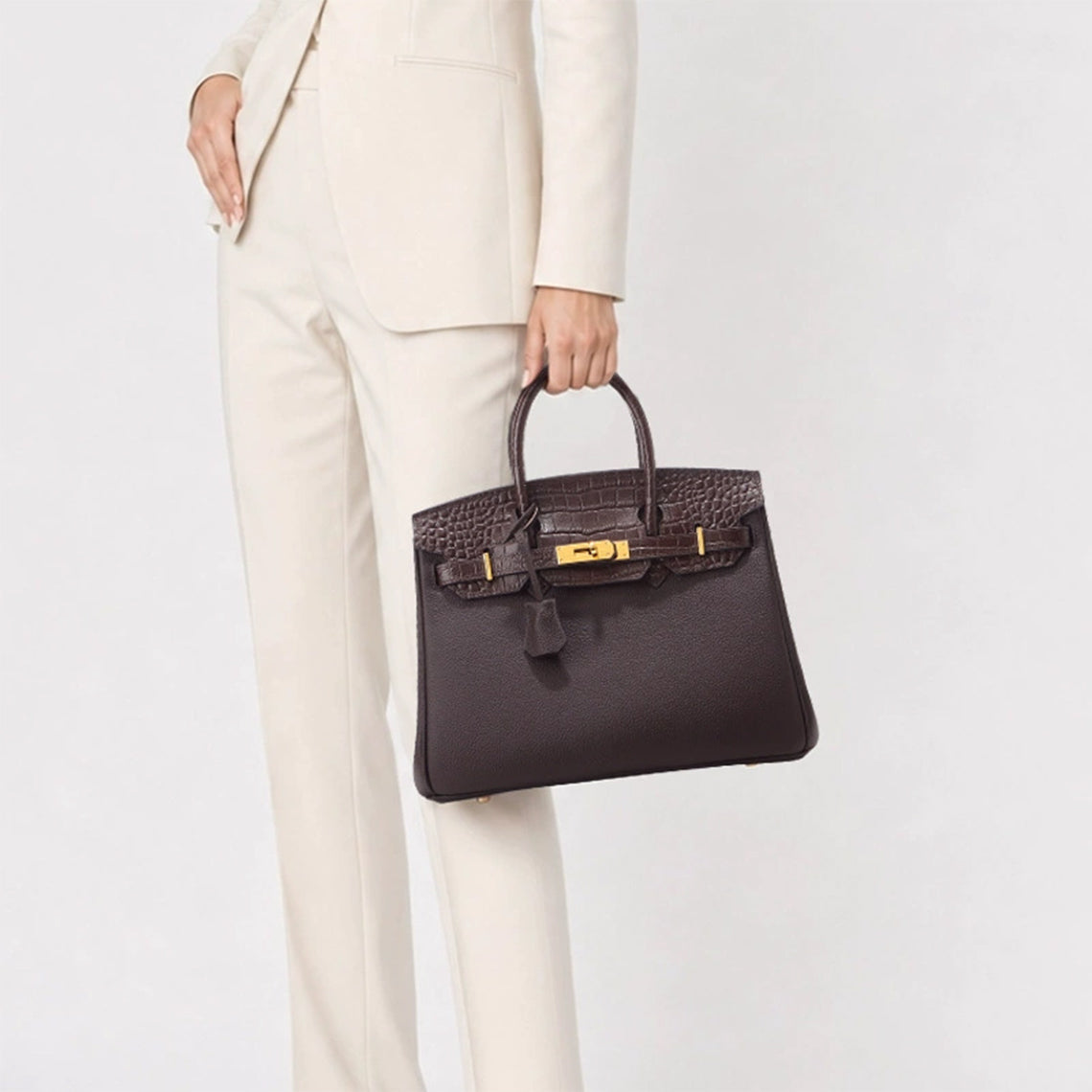 Croc Embossed Top Grain Leather Handbag with Gold-Tone Twist Lock detail image 1