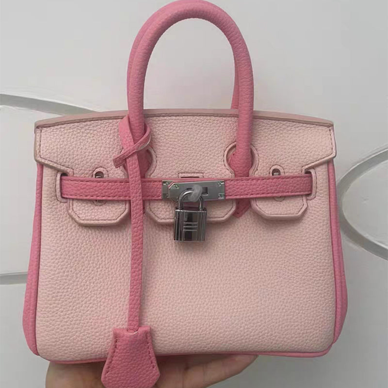 Bi-Color Top Handle Leather Bag in Mini and Small Sizes with Silver Hardware detail image 1
