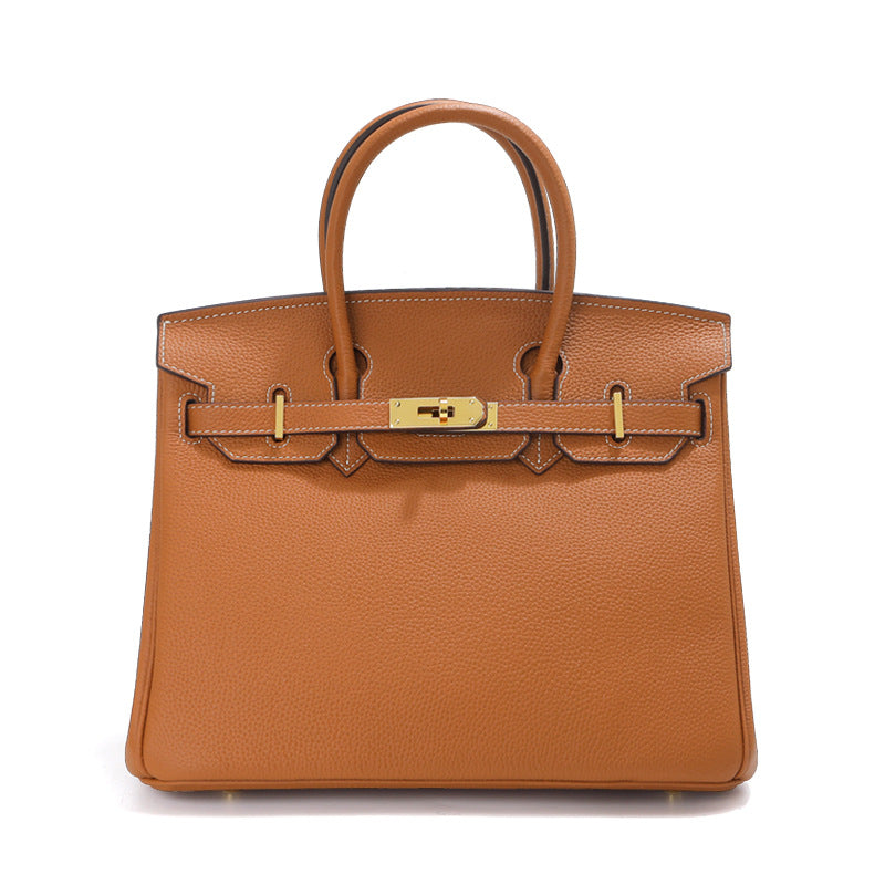 Top Grain Leather Top Handle Bag with Gold Hardware and Lock & Key detail image 19