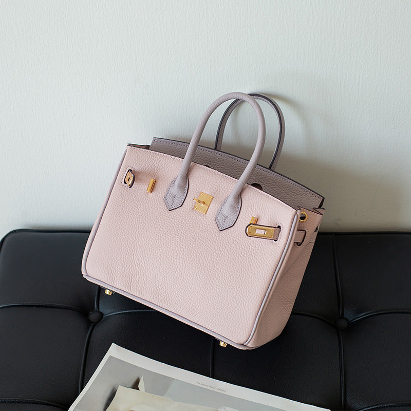 Pebbled Grain Top Grain Leather Top Handle Bag with Gold Twist Lock - Multiple Sizes detail image 5