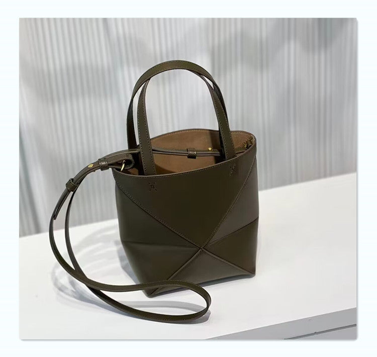 Top Grain Leather Puzzle Fold Tote Bag - Black, Brown, Army Green detail image 8