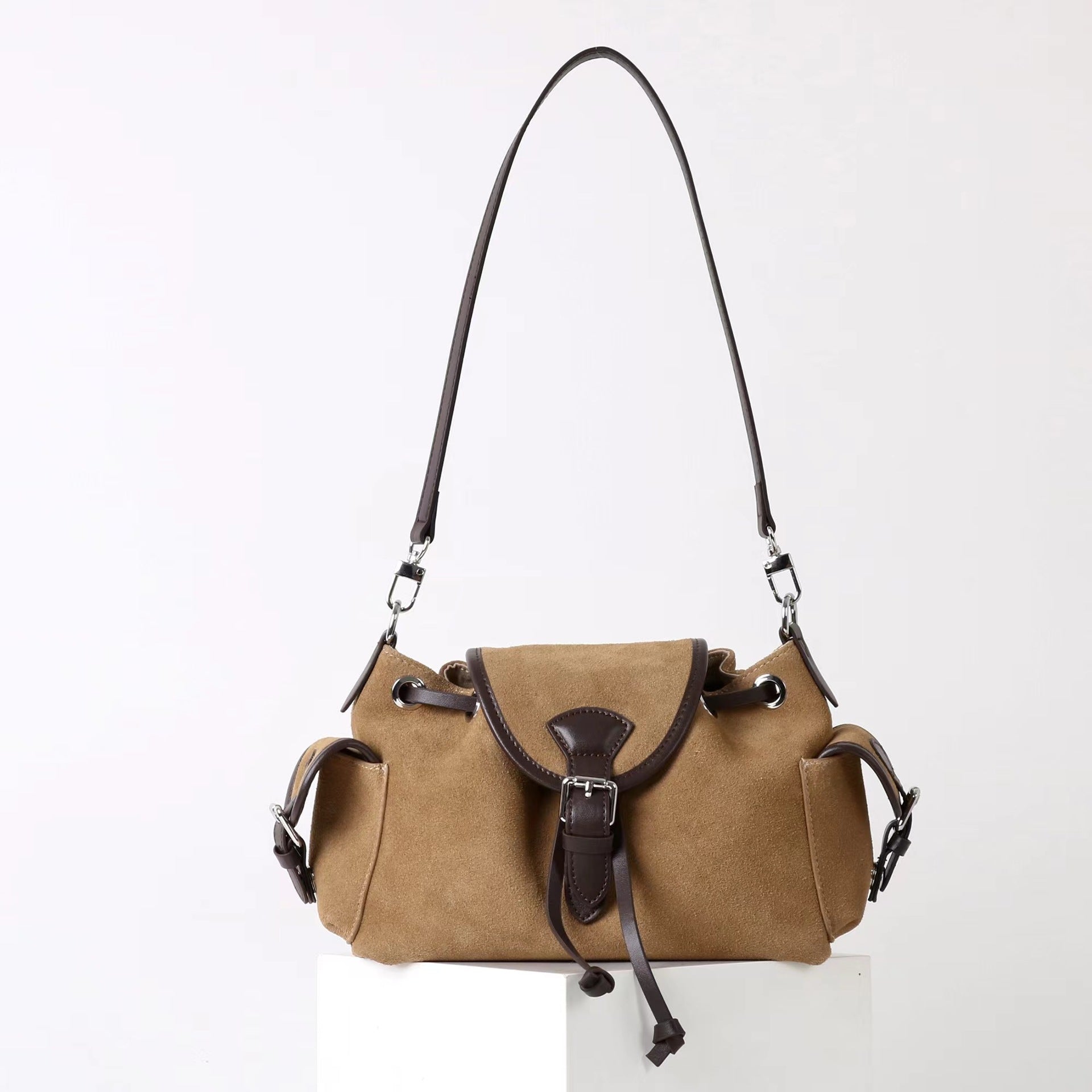 Suede Multi-Pocket Crossbody Bag with Drawstring & Buckle Closure detail image 8
