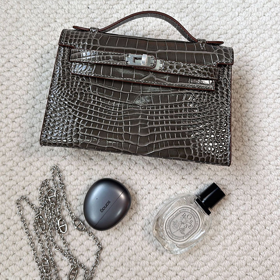 Top Grain Leather Top Handle Clutch Bag with Detachable Chain detail image 16