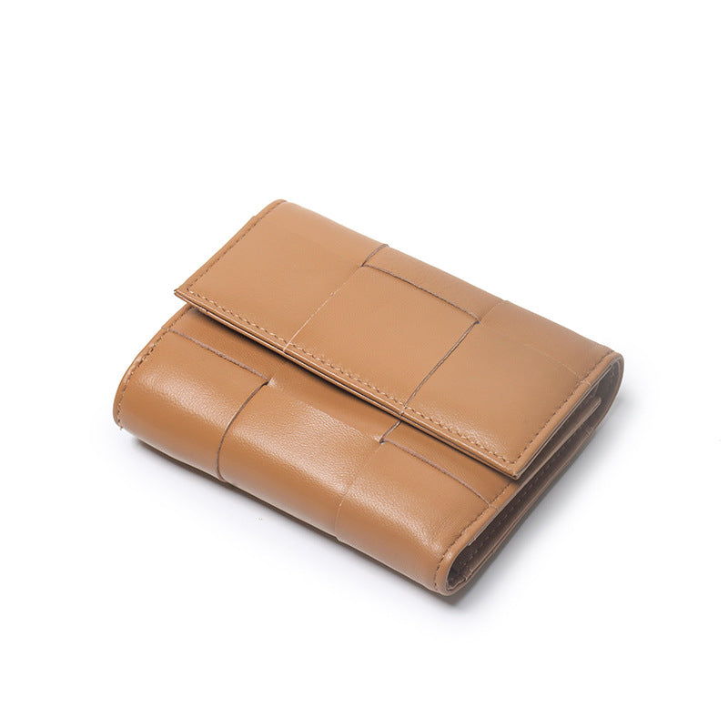 Woven Sheep Leather Trifold Wallet Short Card Holder detail image 1