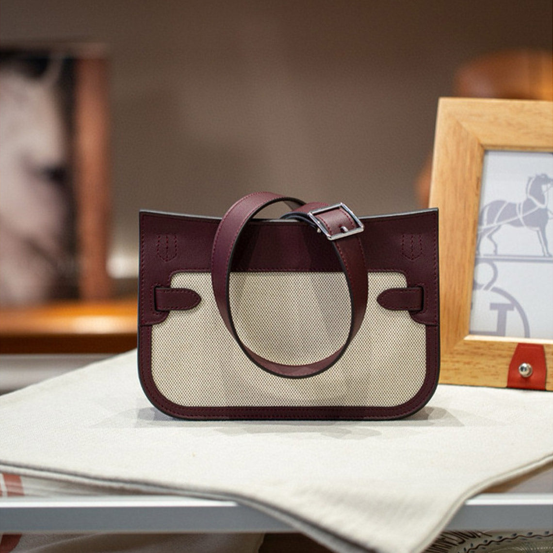 Canvas and Leather Mini Messenger Crossbody Bag in Black, Rouge, Deep Grey, Brown detail image 8