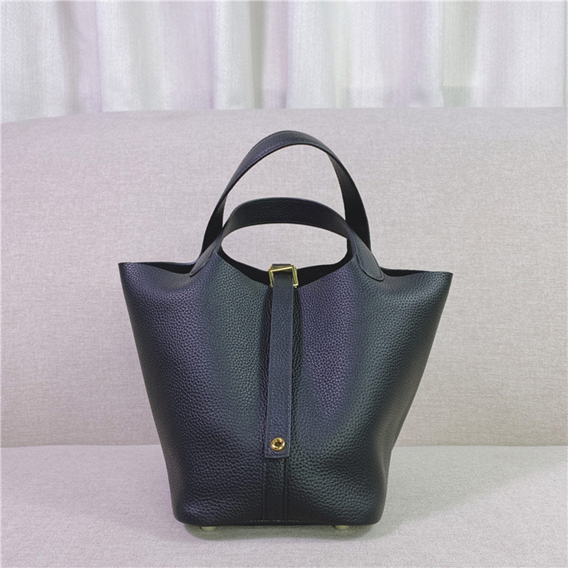 Top Grain Leather Bucket Bag with Lock Design - Small, Multiple Colors & Hardware Options detail image 14