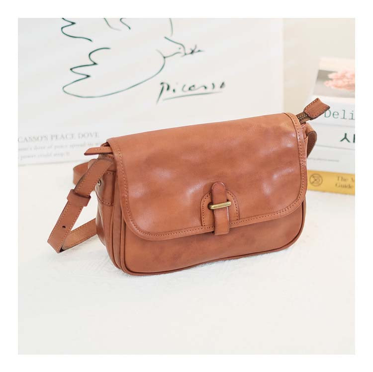 Small Square Leather Messenger Bag with Adjustable Strap – Black & Brown detail image 8