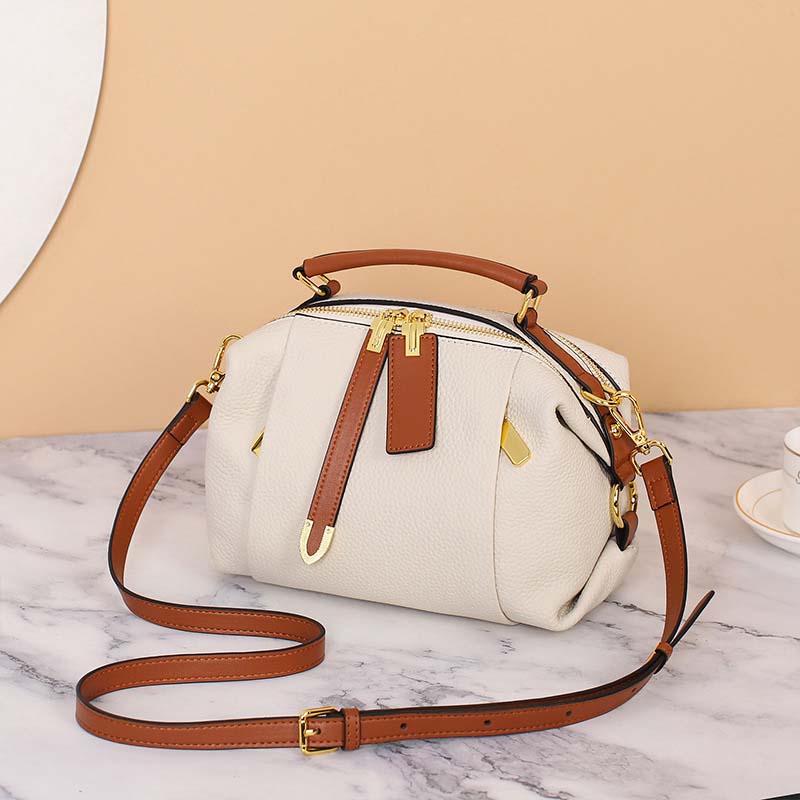 Pebbled Grain Leather Boston Bag | Cowhide Crossbody Satchel detail image 3