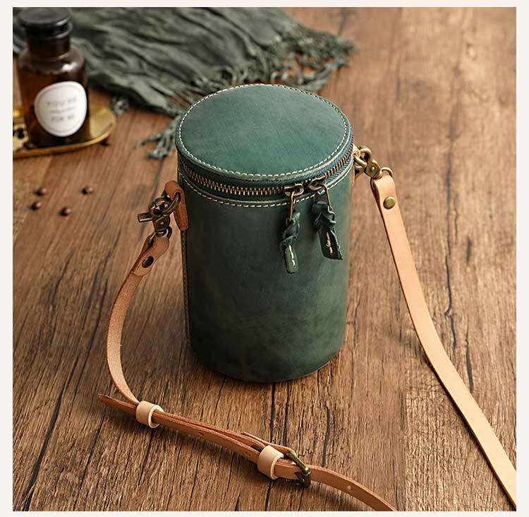 Small Vegetable Tanned Leather Bucket Bag with Adjustable Strap detail image 8