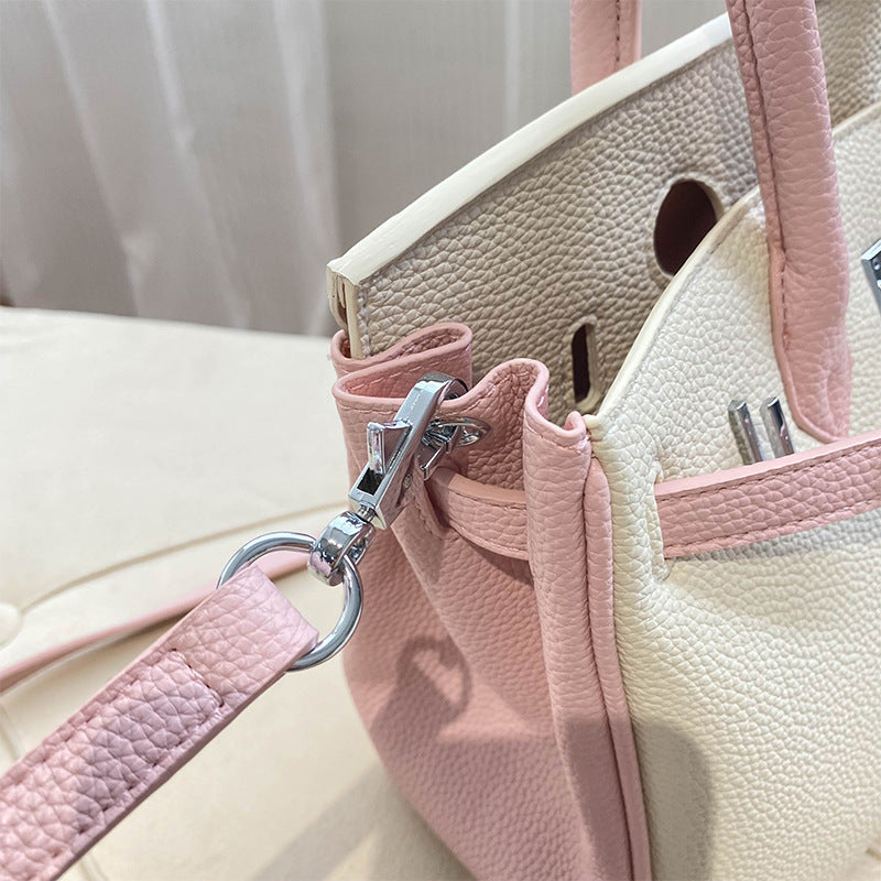 Bi-Color Top Handle Leather Bag in Mini and Small Sizes with Silver Hardware detail image 7