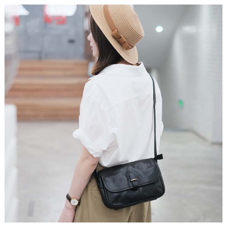 Small Square Leather Messenger Bag with Adjustable Strap – Black & Brown detail image 7