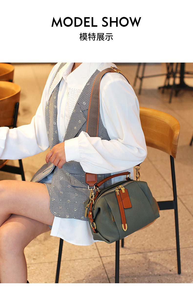Pebbled Grain Leather Boston Bag | Cowhide Crossbody Satchel detail image 11