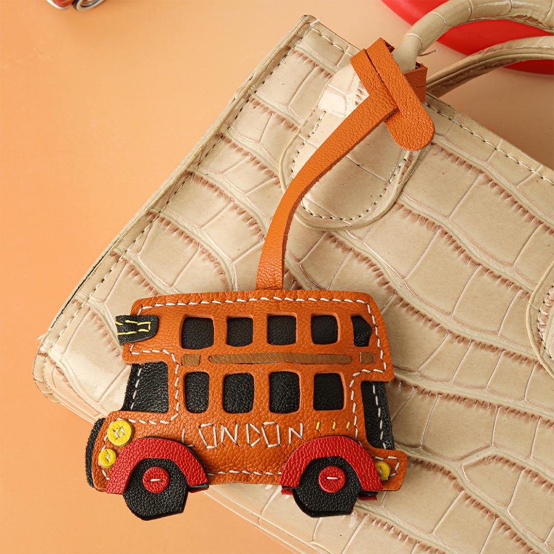 HandsewGift Sheep Leather City Bus Keychain DIY Kit – Orange or Custom Color detail image 2