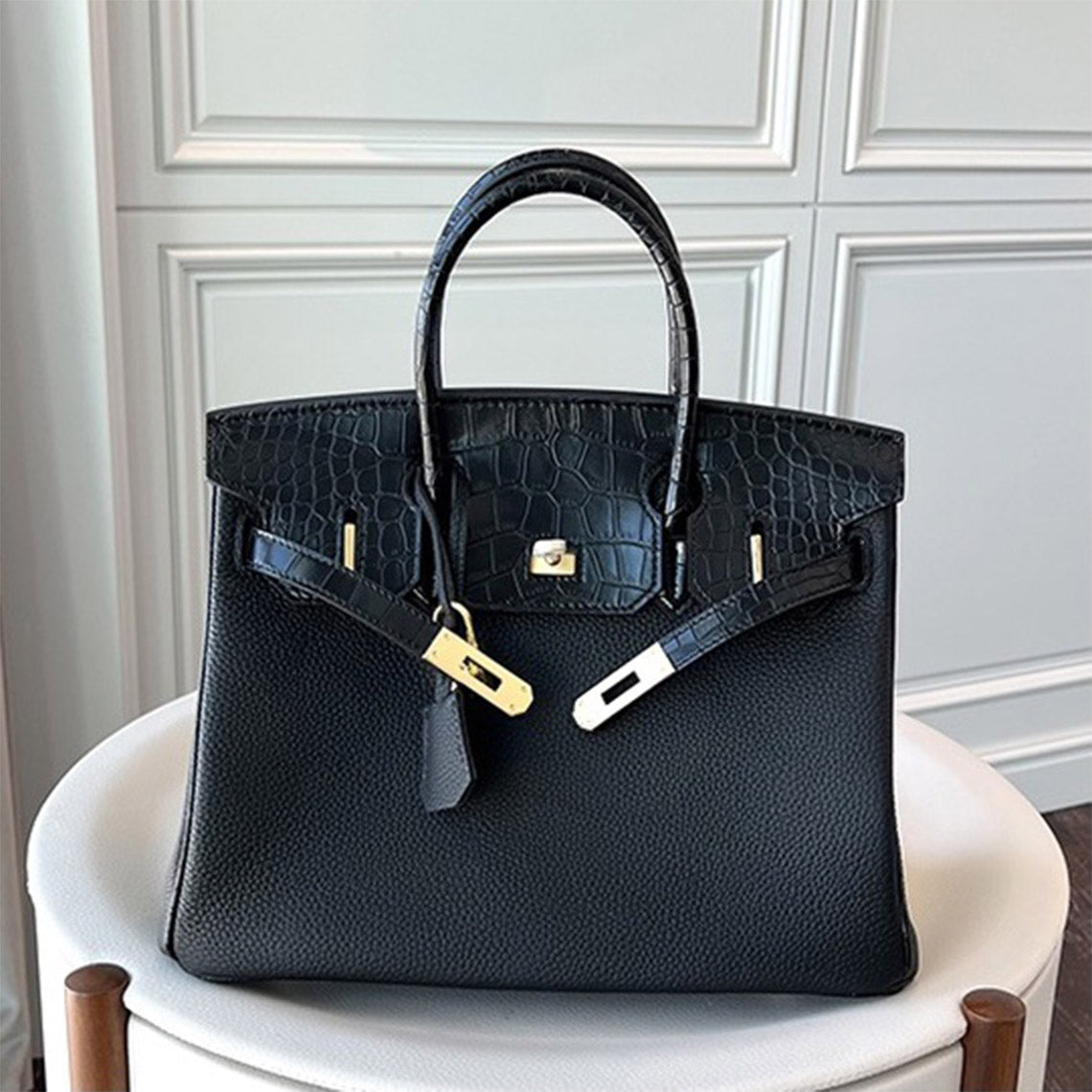 Top Grain Leather Croc Embossed Flap Top Handle Bag product image 1