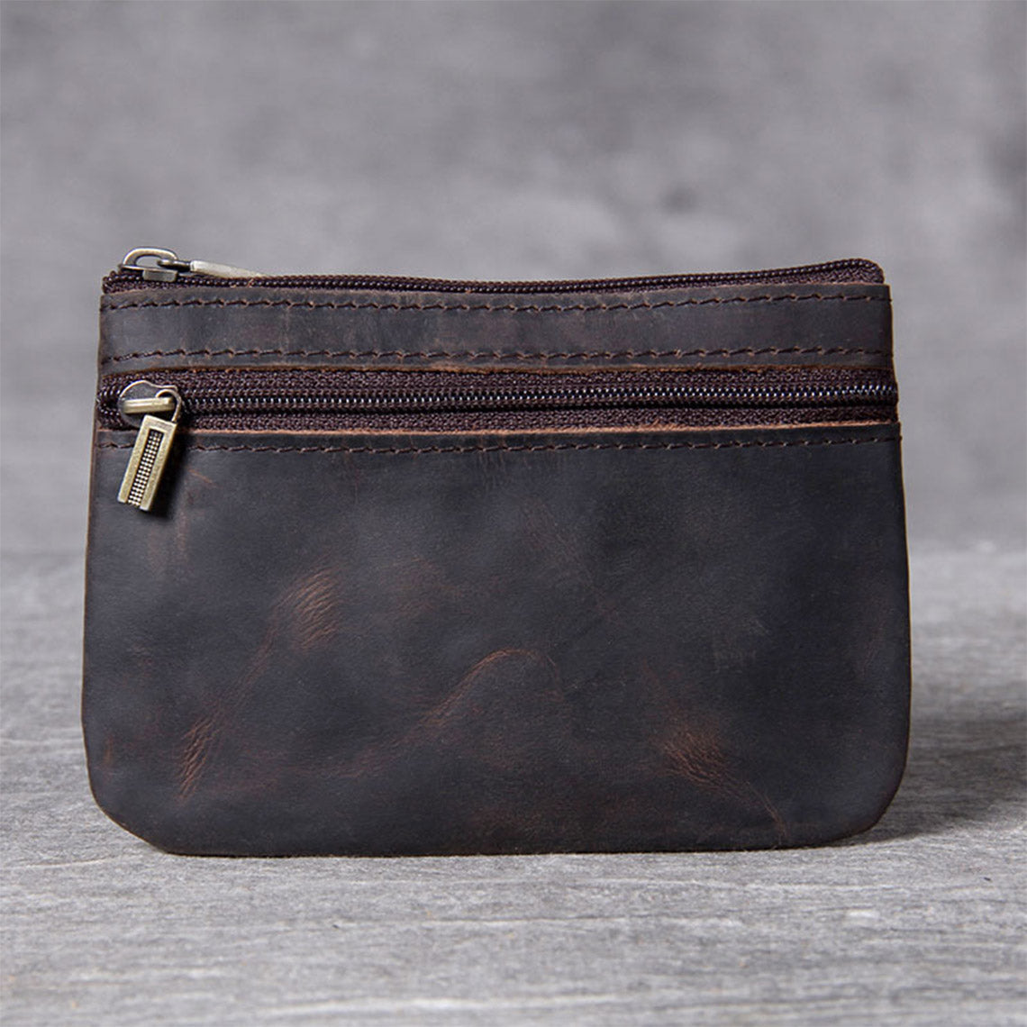 Crazy Horse Leather Small Zip Wallet with Two Zip Pockets detail image 5