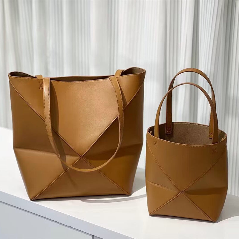 Top Grain Leather Puzzle Fold Tote Bag - Black, Brown, Army Green detail image 1