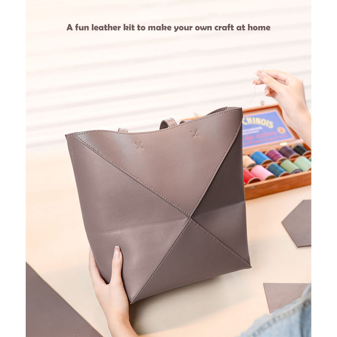 HANDSEWGIFT Leather Fold Tote Bag DIY Kit – Grey detail image 2