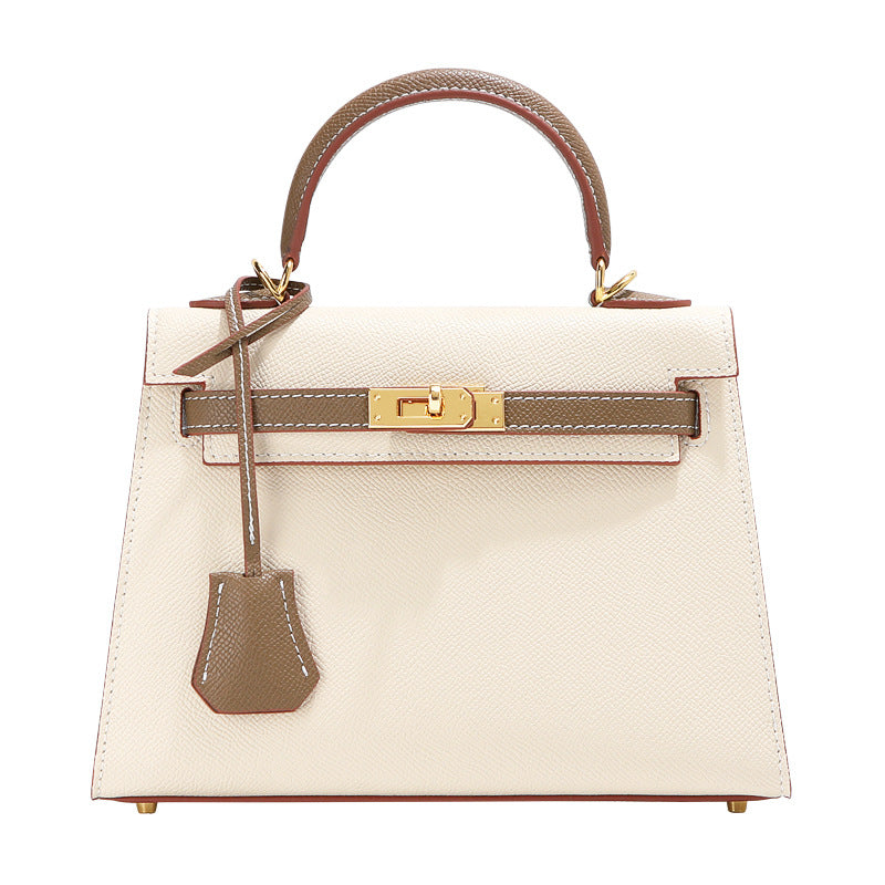 Bi-Color Cowhide Top Handle Bag with Gold-Tone Lock – Coffee / Mlik Tea, 22cm & 25cm detail image 9