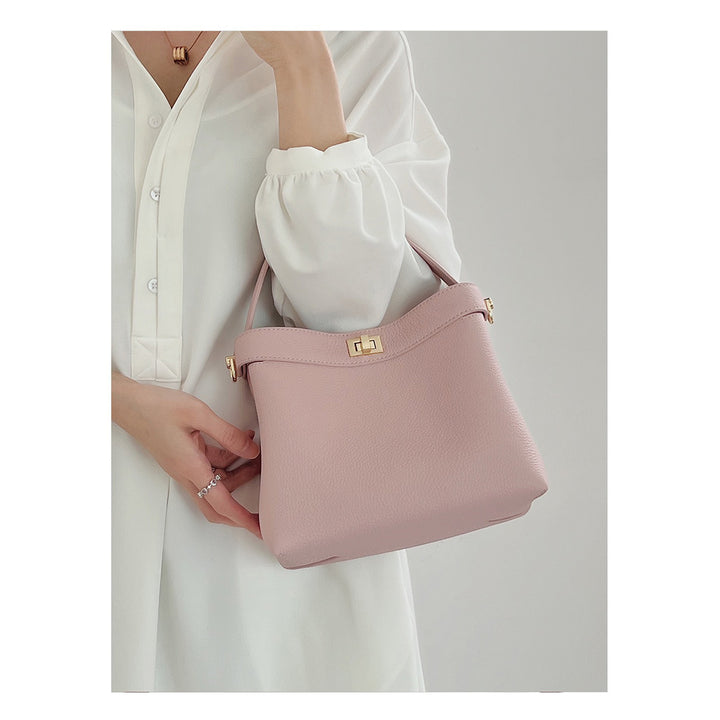 Pebbled Grain Leather Small Bucket Bag with Top Handle and Adjustable Strap detail image 6