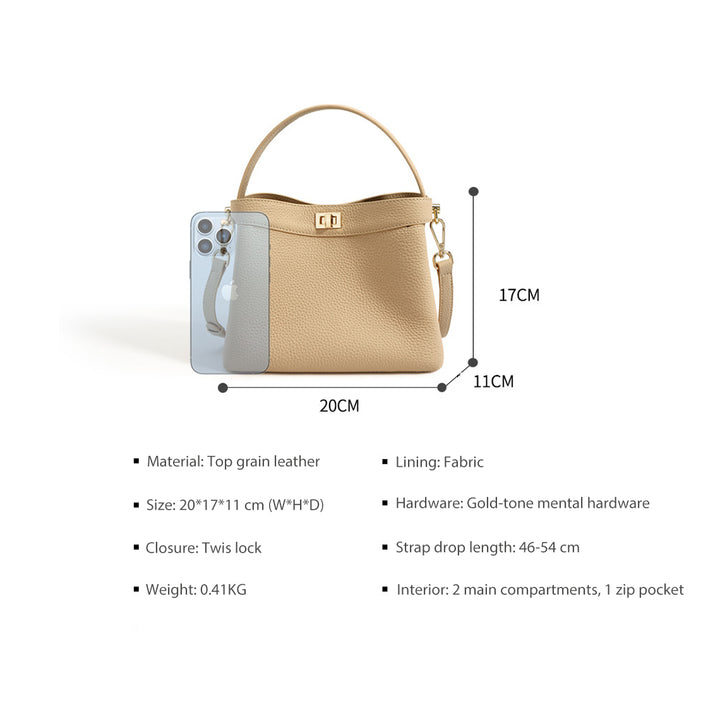 Pebbled Grain Leather Small Bucket Bag with Top Handle and Adjustable Strap detail image 1