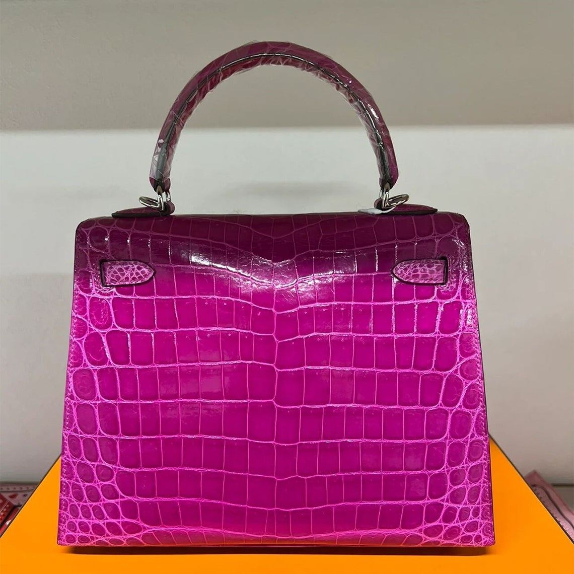 Crocodile Embossed Top Grain Leather Handbag with Silver Hardware detail image 5