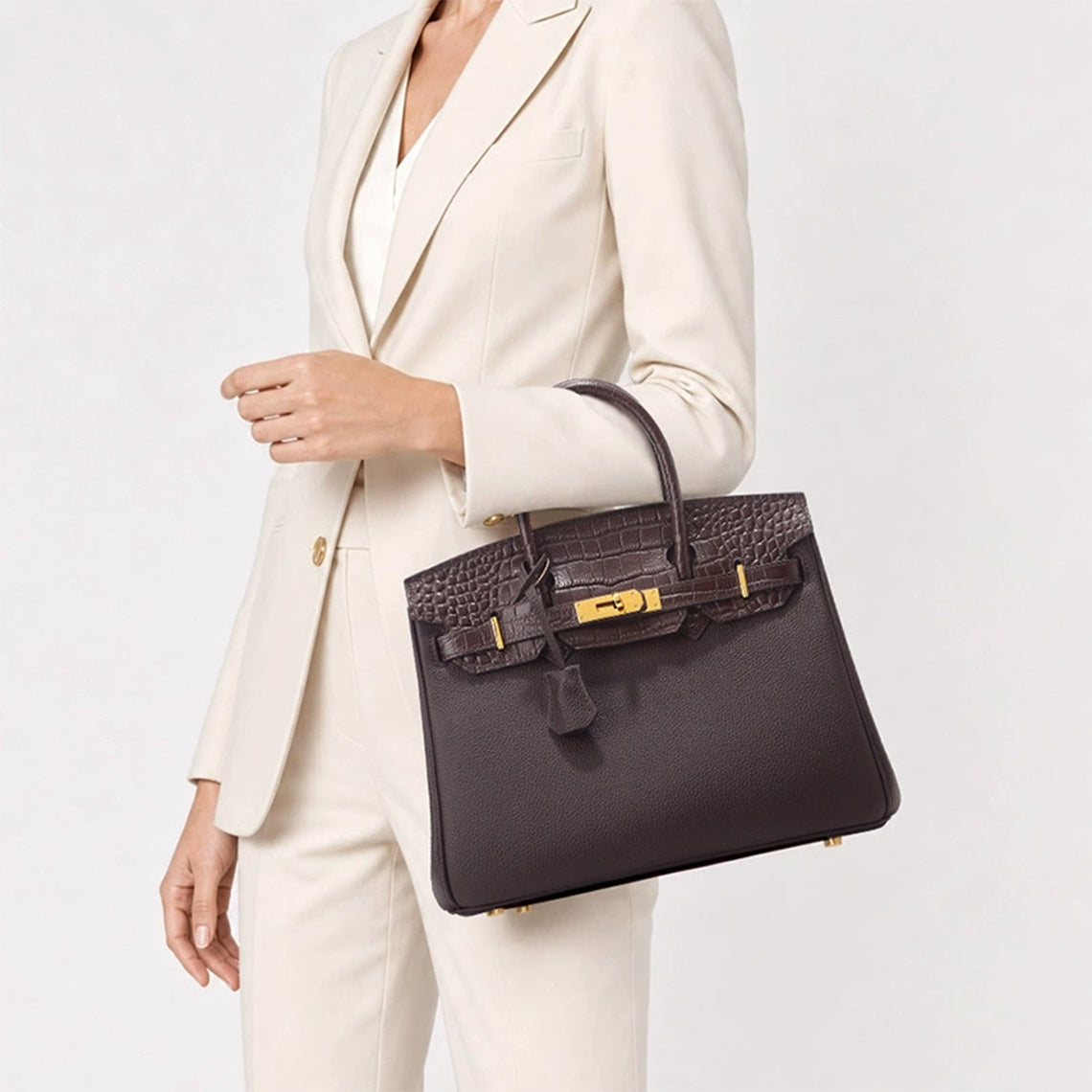 Croc Embossed Top Grain Leather Handbag with Gold-Tone Twist Lock detail image 3