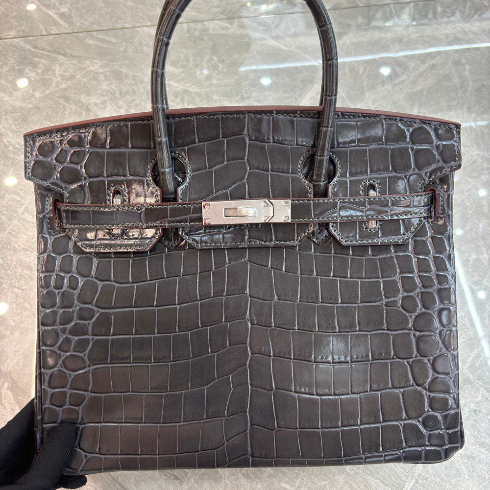 Crocodile Pattern Glossy Leather Handbag with Detachable Strap detail image 8