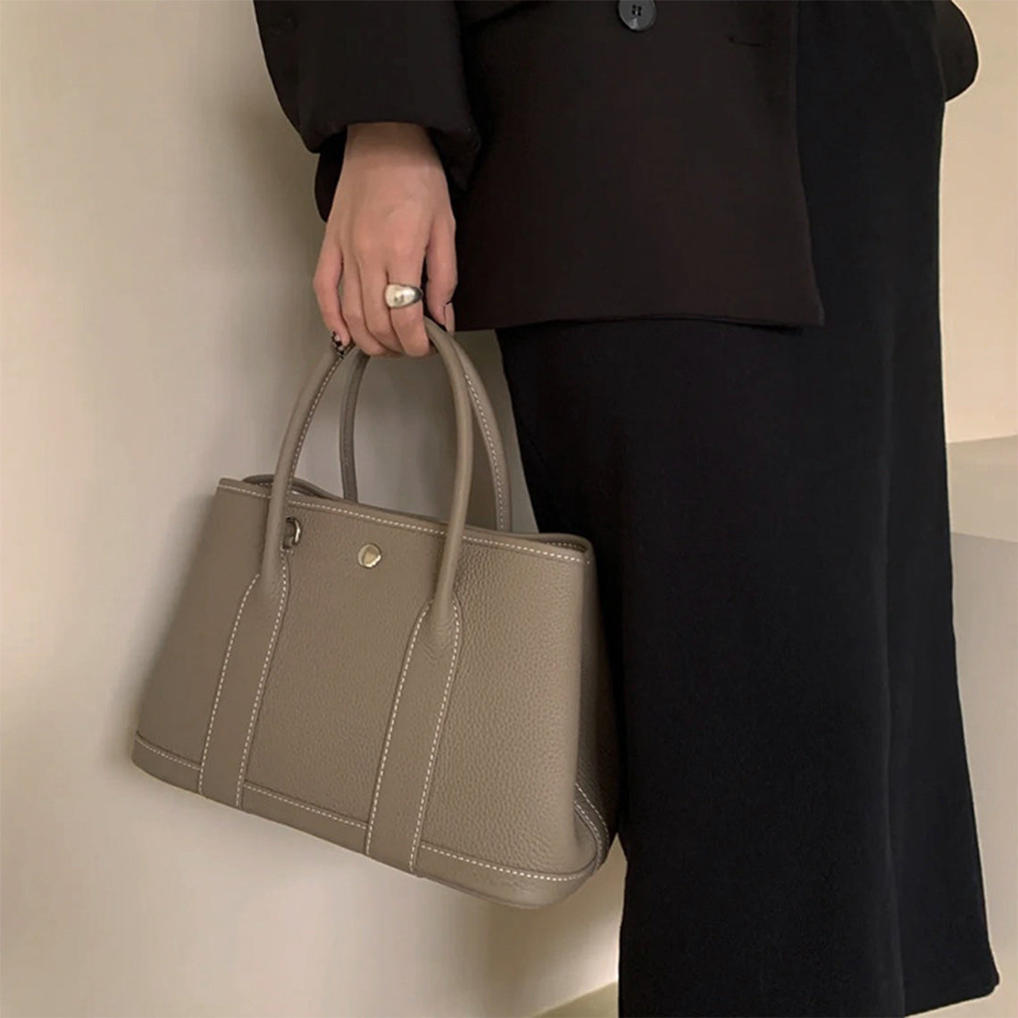 Top Grain Leather Tote Bag with Crossbody Strap – Taupe, Black, Brown detail image 1