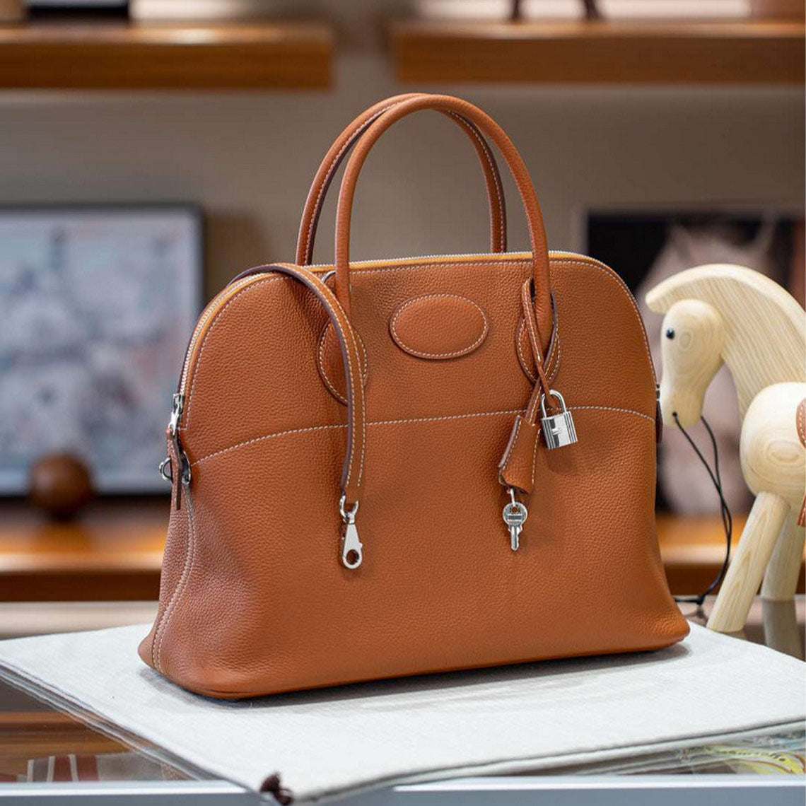 Top Grain Leather Boli Handbag in Blue, Black, Taupe, Gold Brown product image 1