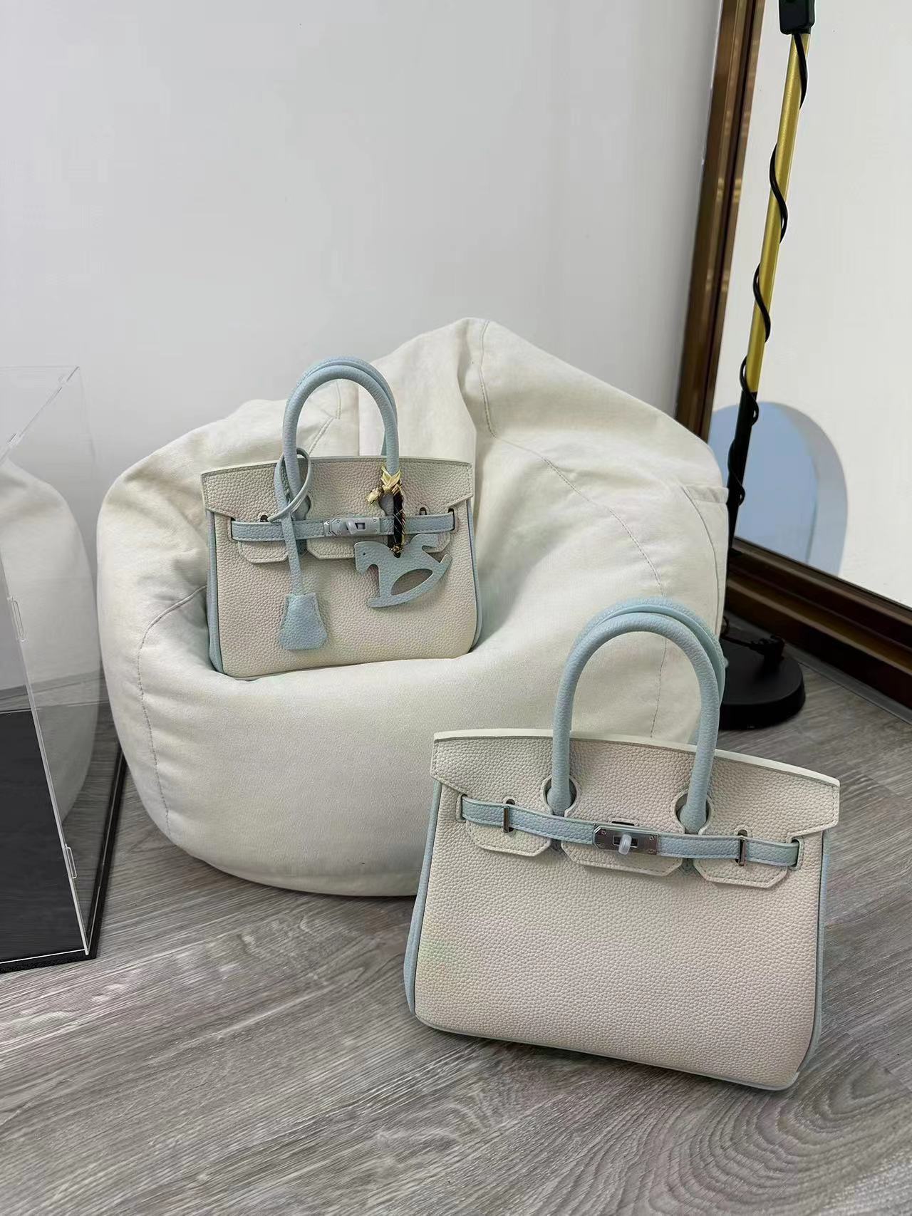 Bi-Color Top Handle Leather Bag in Mini and Small Sizes with Silver Hardware detail image 10