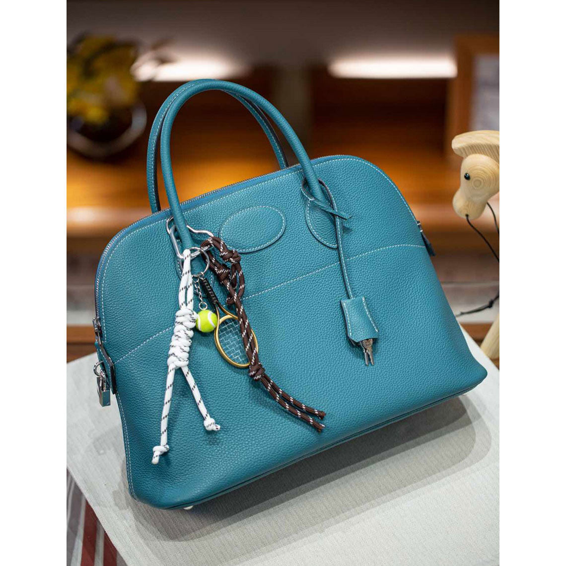Top Grain Leather Boli Handbag in Blue, Black, Taupe, Gold Brown detail image 6