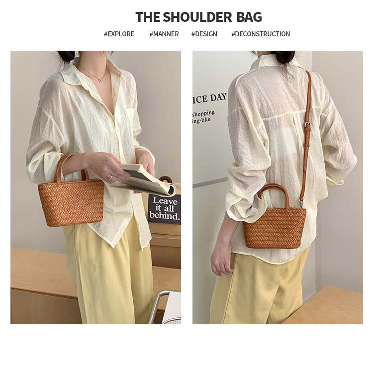 Hand-Woven Cowhide Tote Bag with Crossbody Strap in Five Colors detail image 12