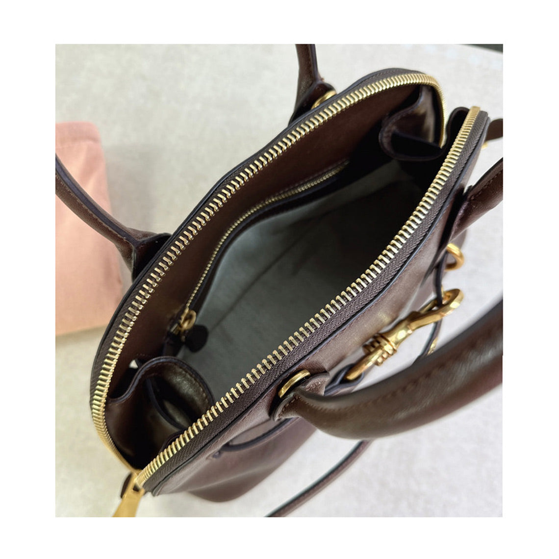 Leather Retro Bowling Top Handle Bag in Black, Saddle Brown, Coffee Brown detail image 9