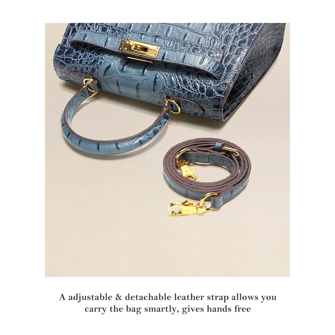 Crocodile Embossed Leather Top Handle Bag with Shoulder Strap detail image 7