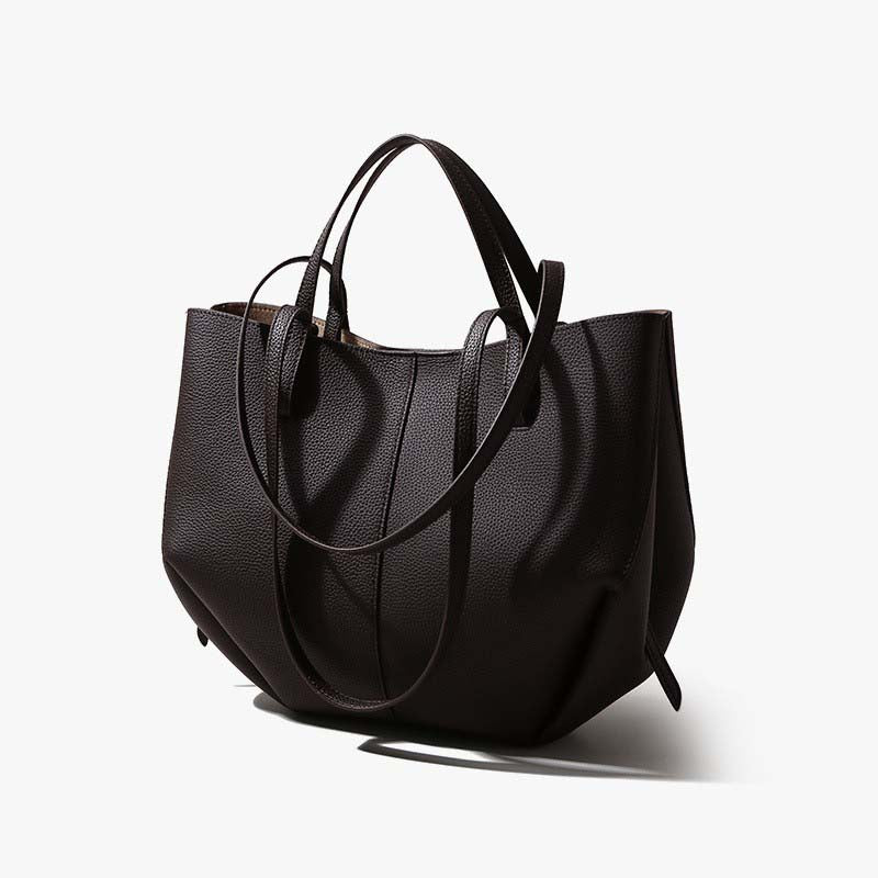 Genuine Leather Pleated Tote Bag with Matching Pouch – Large Capacity Handbag detail image 10