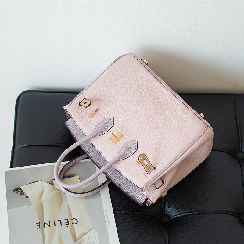 Pebbled Grain Top Grain Leather Top Handle Bag with Gold Twist Lock - Multiple Sizes detail image 6