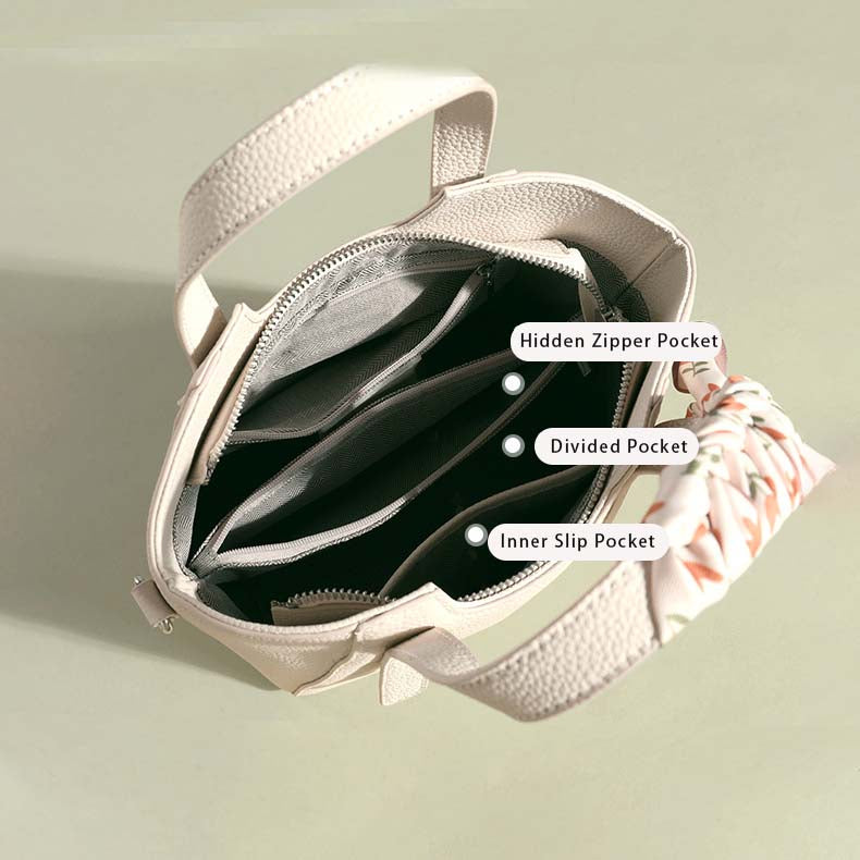 Pebbled Grain Leather Mini Bucket Bag with Floral Scarf detail image 3