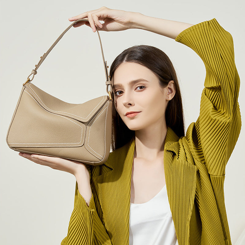 Top Grain Leather Geometric Panel Bag with Detachable Straps detail image 4