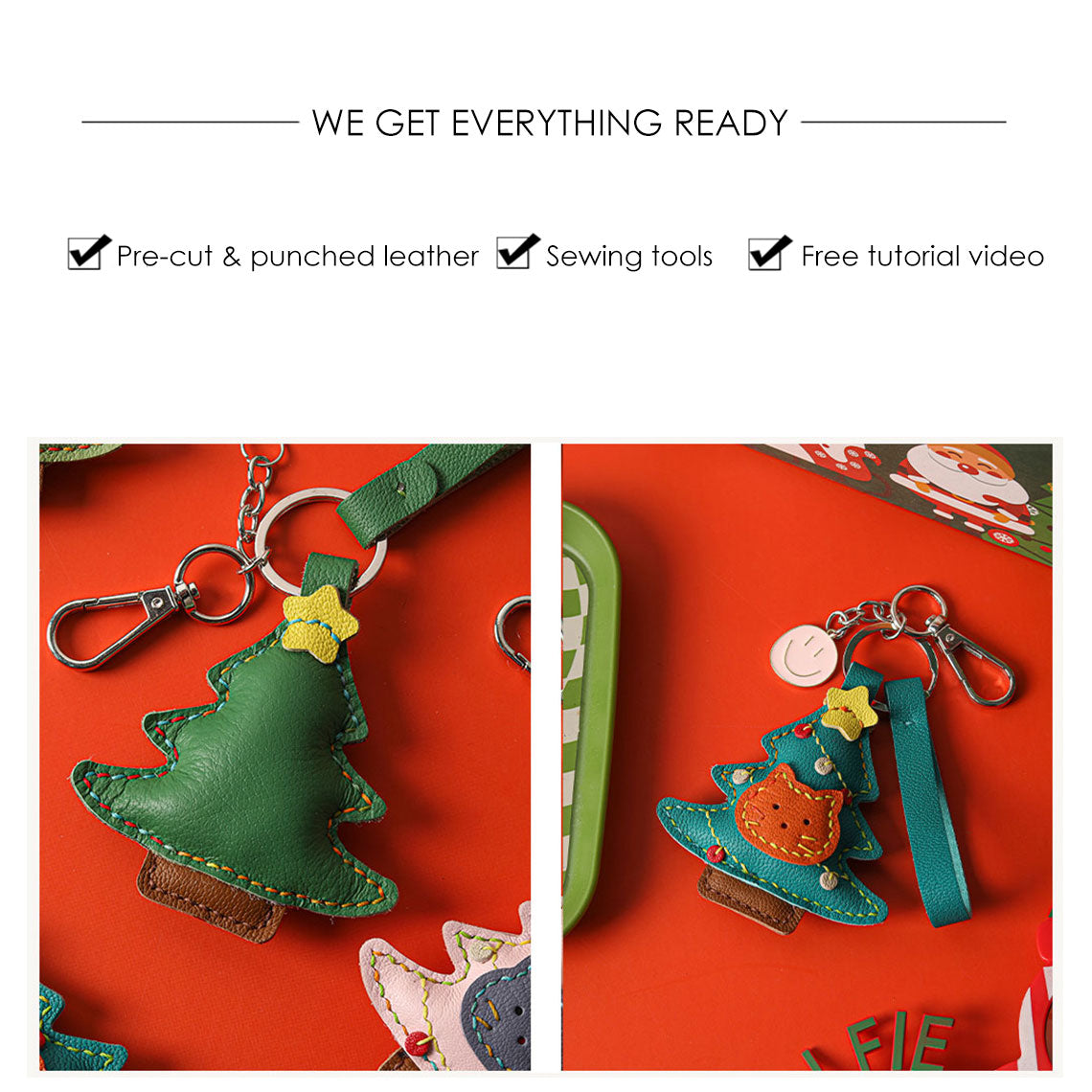 Hand Sewn Leather Kitty Christmas Tree Keychain DIY Kit detail image 2